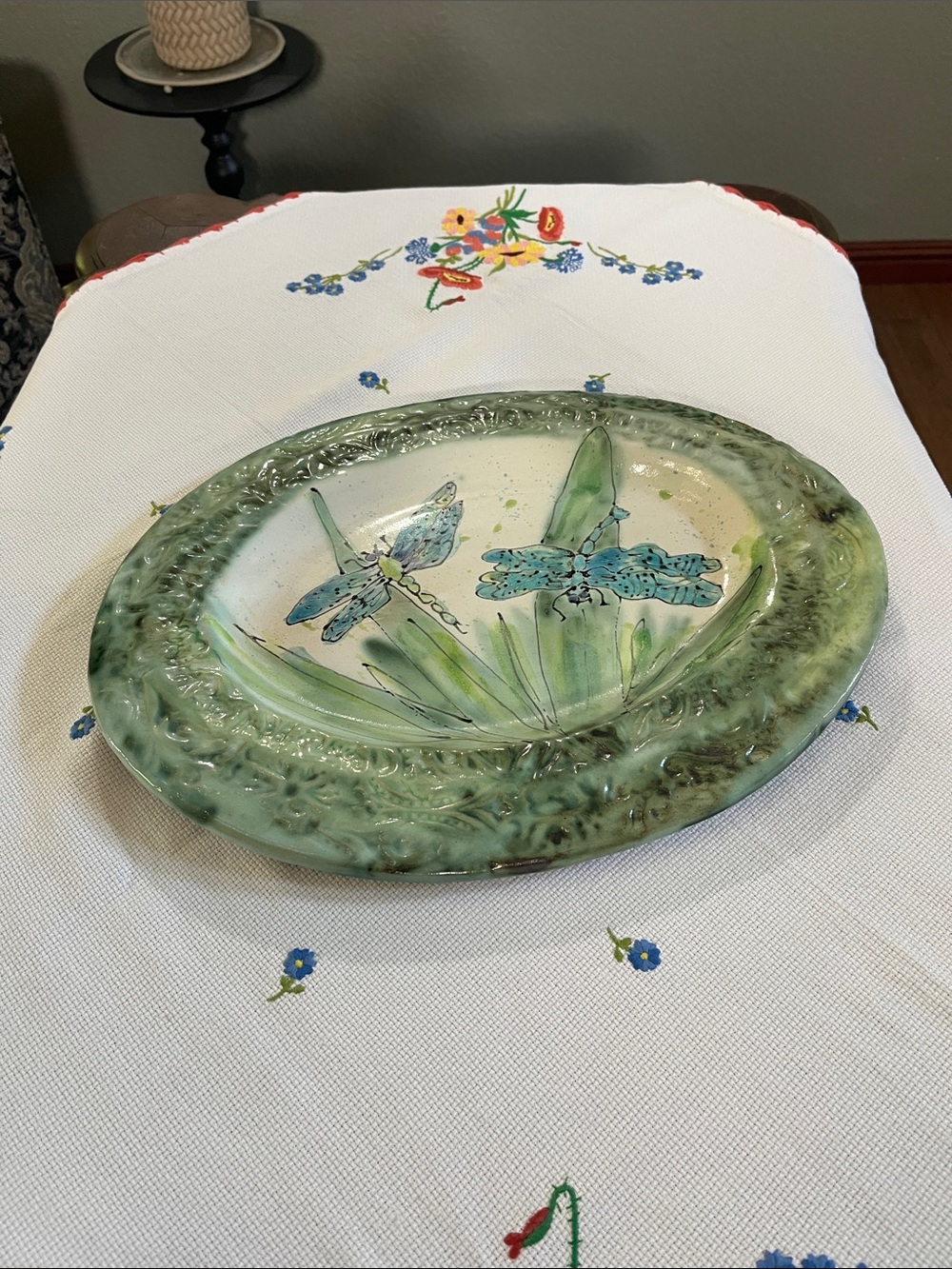 Handmade Green Dragonfly Platter - Decorative Plate - Unbranded